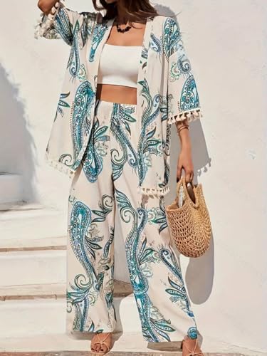 Image of Leriya Fashion Co Ord Set for Women Stylish | Summer Travel Co-Ord Set Short Sleeve Shirt & Wide-Leg Pant | Paisley Printed Stylish Casual Outfit for Summer Cord for Women | Dress for Woman