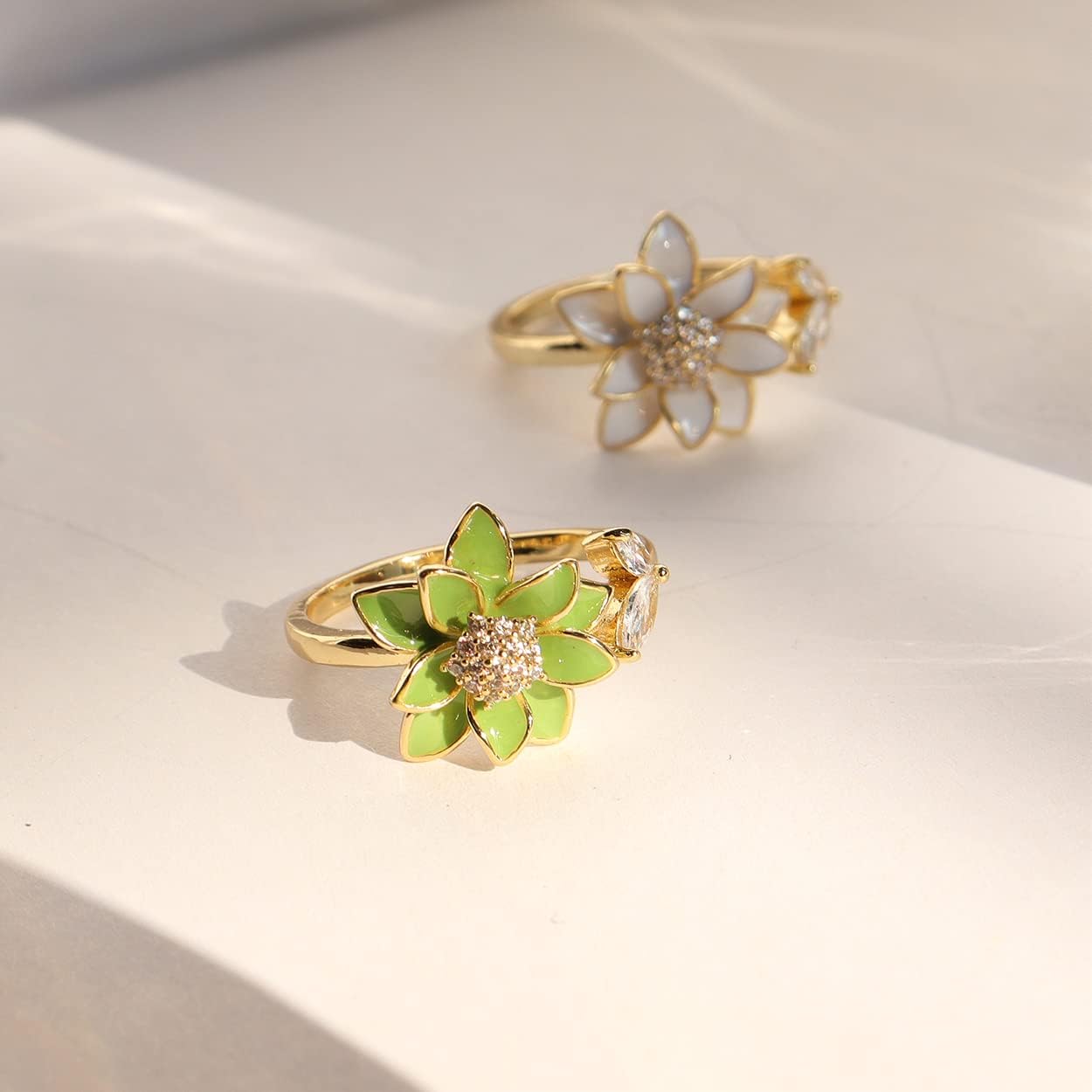 Sonateomber Gold Silver Flower Leaf Open Adjustable Ring for Women, Trendy Elegant Unique CZ Enamel Front Open Floral Bow Rings Wedding Prom Jewelry Gift