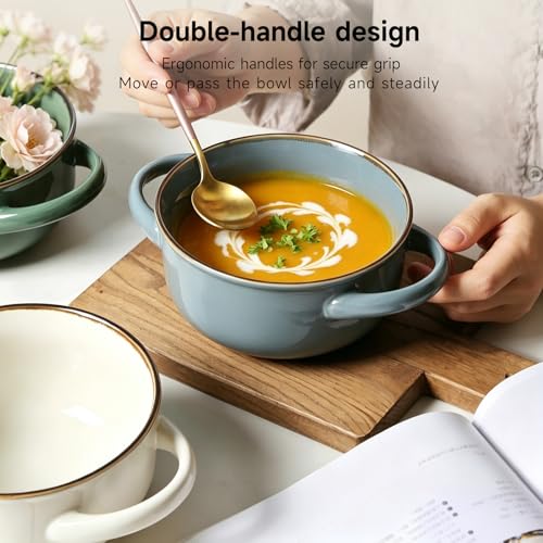 MONITO Ceramic Salad Bowl with Handles, 28 oz French Onion Soup Bowls, Ceramic Soup Bowls for Cereal, Pasta, Chilli, Beef Stew, Stackable Serving Bowl Set of 4 (28 OZ) — view 3