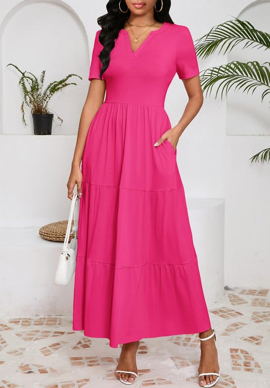 Image of MarryUP Women 2025 Casual Loose Maxi Dress with Pockets V Neck Short Sleeve Tiered Long Summer Beach Swing Dresses