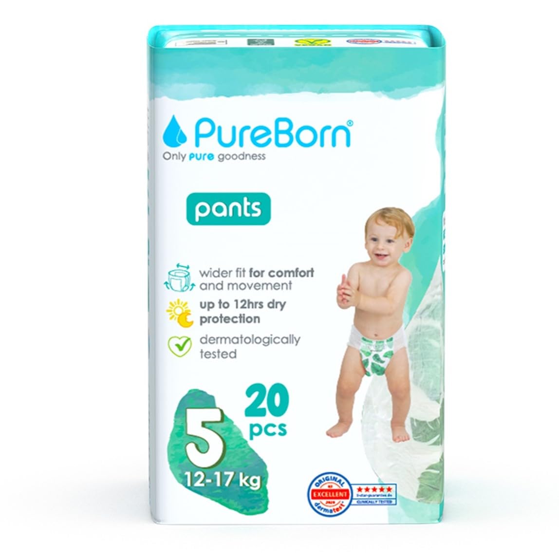 PureBorn Pieluchomajtki Baby Pants, Rozmiar 5 (12-17 kg), 20 Sztuki, Doskonała Ochrona i w Dzień i w Nocy, Wyjątkowo Miękkie, Przyjazne dla Skóry, Testowane Dermatologicznie