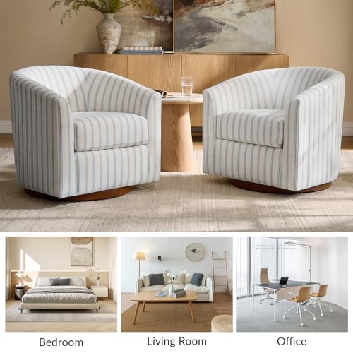 Image of HULALA HOME Modern Swivel Accent Chair with Solid Wood Base, Round Swivel Barrel Chair with Striped Pattern, No Assembly Required, Blue