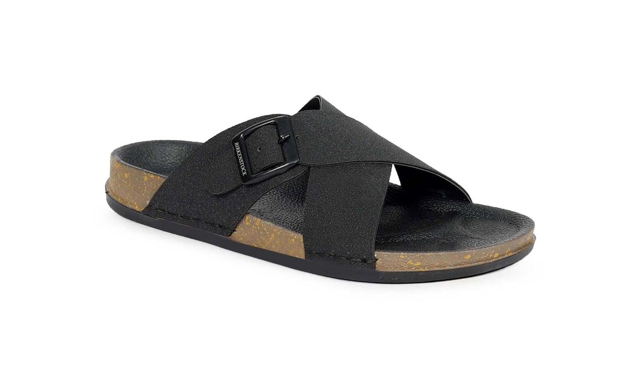 zavro Men's Cross-Strap Slide Sandals, Black, Cork Footbed, Buckle Detail-picture-14