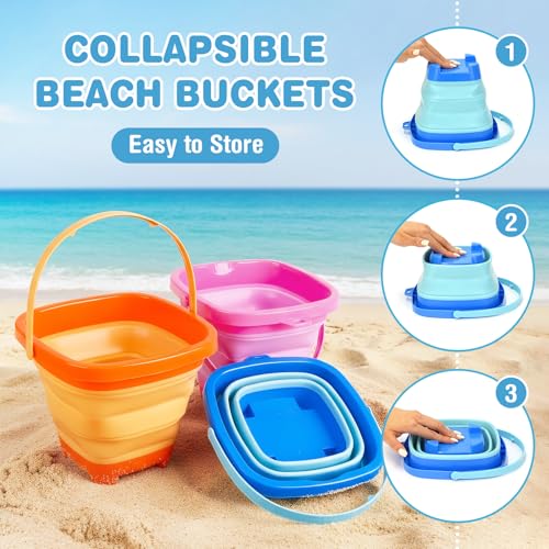 Dreamon Beach Toys for Kids 3-10, Collapsible Sand Castle Toys for Beach Include 3 Pack Foldable Buckets, Shovels Molds and Storage Mesh Bag, Sandbox Travel Toy for Toddlers Kids — view 3