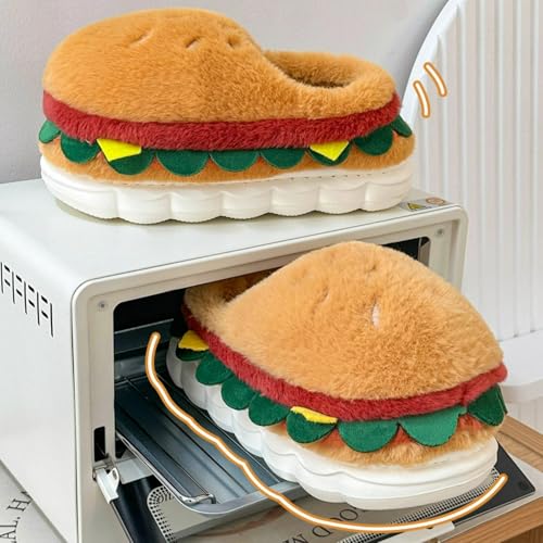 Cute Burger Fuzzy Slippers Women Cozy Warm Soft Anti-Slip Soles Indoor Outdoor Closed back Fluffy Slippers4