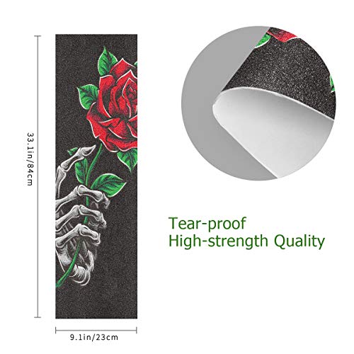 Skull Skeleton Rose Flower Skateboard Grip Tape Sheets Graphic Longboard Griptape Bubble Free Anti-Slip 33"X 9" Tapes For Teens Girls Boys #TOP2