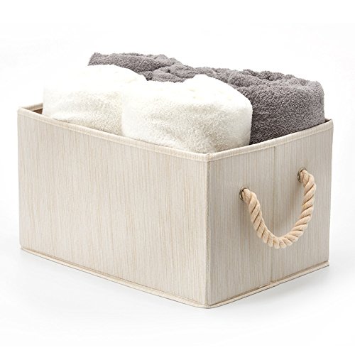 Ezoware Set Of 3 Bamboo Large Fabric Storage Bins Baskets With Cotton Rope Handle, Collapsible Cube Container Box For Nursery, Kids, Closet, And More (Beige) #TOP3