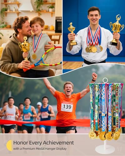 Image of Rotatable Medal Hanger Display - Adjustable Medal Honor Display - Desktop Metal Medal Holder for Running, Sports, Taekwondo, Awards - Ribbon-Safe Hook, 40+ Medals