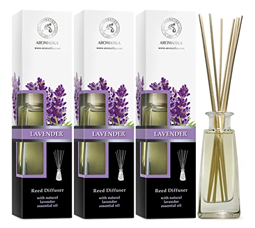 Reed Diffuser with Natural Essential Oil Lavender - 3 x 3.4 Fl Oz - Lavanda Diffuser - Scented Reed Diffuser - Gift Set w/Bamboo Sticks - for Aromatherapy - Home - Office - Fitness
