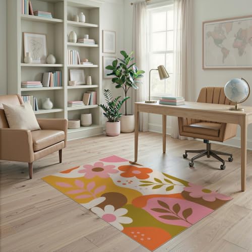 ODIKA 4'x6' Pink Blossom Delight Retro Ochre Design Washable Area Rug