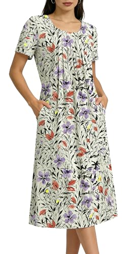 Image of LOVESHOOT Size M Womens Summer Midi Dress 2026 Casual Short Sleeve A Line Dress with Pockets Evening Wedding Guest Work Purple Red Floral