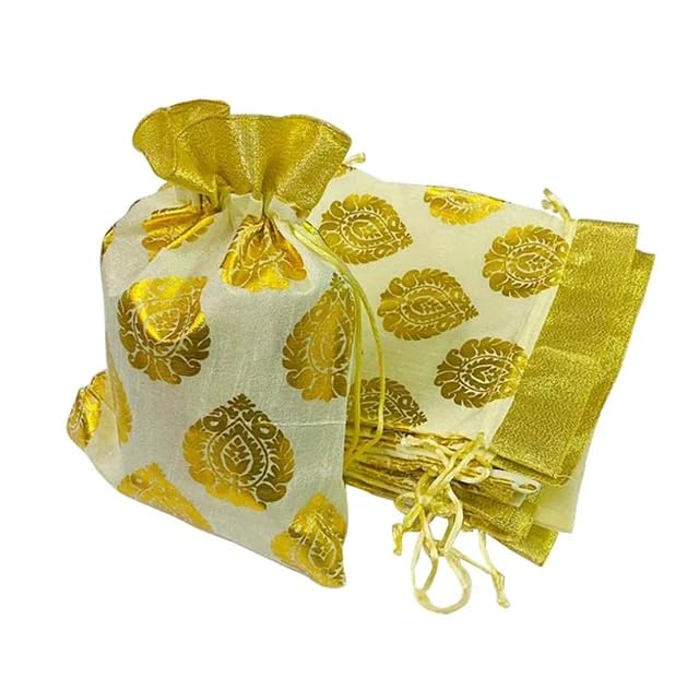 Potli Bags White Gold Design Hand Crafted Draw String drawstring Cord Gift Bag (pack of 5) for Indian Wedding/Engagement/Diwali/Birthday/Anniversary 23cm x 18cm