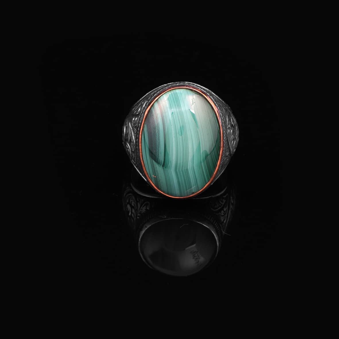 Anello di Malachite Uomo in Argento 925 – Stile Ottomano Vintage, Pietra Preziosa Lucida, Anello Inciso Fatto a Mano, Anello di Fidanzamento con Panno Pulizia Argento Adeau (24)