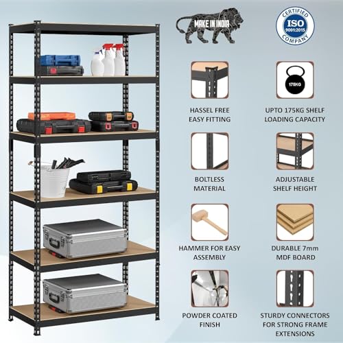 Image of JD FRESH 3-Shelf Boltless Metal Rack for Storage /30x24x12 Inch Adjustable Standing Shelf with MDF Wooden Plank /175kg Load Per Shelf Storage Rack /Utility Display Rack for Kitchen /Garage (Black)