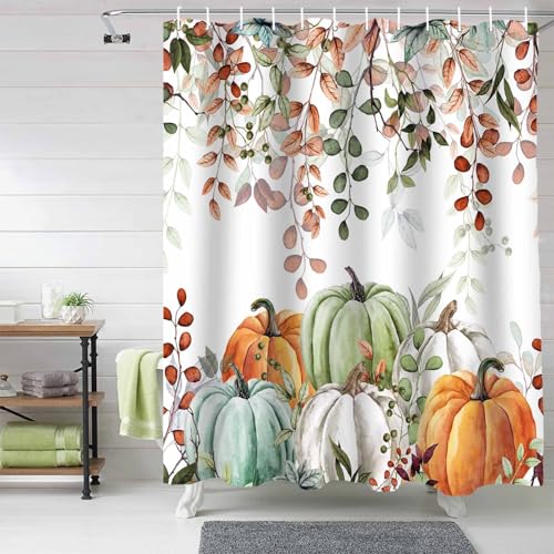 Fall Thanksgiving Shower Curtain, Autumn Pumpkins Eucalyptus Leaves Shower Curtains Set with Hooks, Blue Sage Green Orange Waterproof Fabric Bathroom Curtains Decor Home Accessories,Stall 36 X 72 Inch by Vandarllin - Used condition - Image 2