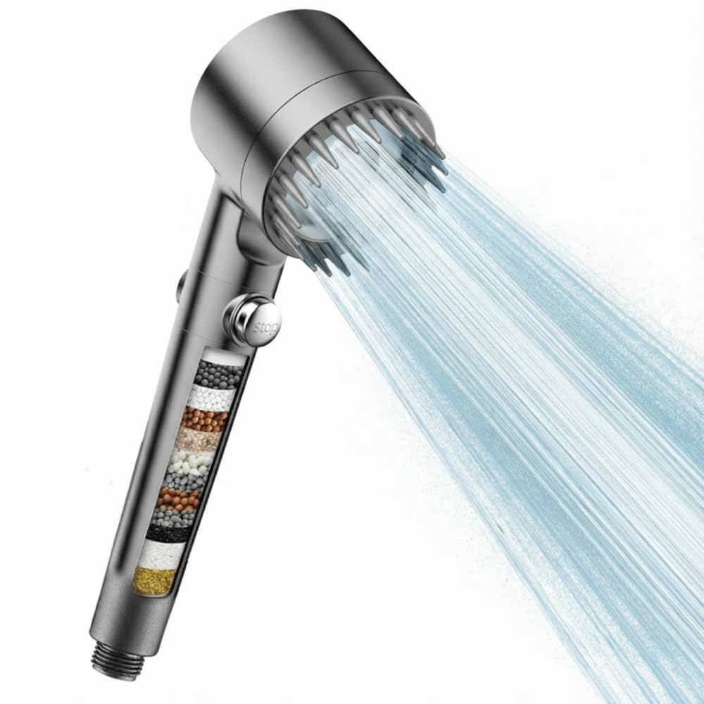 Alcachofa de ducha filtrada con mango, cabezal de ducha de alta presión con 4 tipos de rociado con filtros y boquillas antiobstrucciones mejoradas para agua dura - Elimina el cloro, reduce la piel