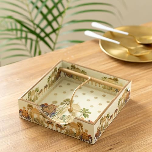 Image of Wooden Napkin Holder with Gold Engraving | Pack of 1 | Size : 7.5 x 7.5 inch | Enamel Coated Waterproof | Tissue Holder for Dining Table | (Royal Camel Napkin Holder)