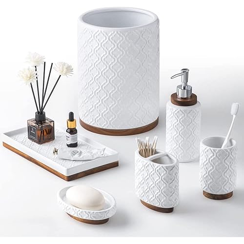 Bathroom Accessories Set 6 Pcs Toothbrush Holder Soap Dispenser Ceramic and Wood Bathroom Set with Trash Can Soap Dispenser Toothbrush Holder Tray Tumbler Soap Dish White