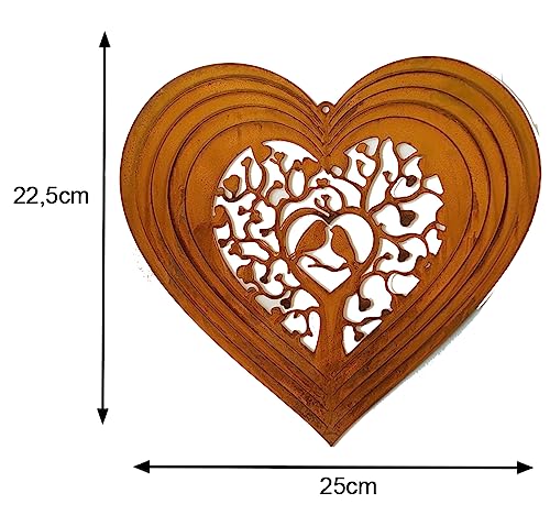 Windspiel für draußen in 3D - Herz mit Vögeln in Rostoptik 25cm für Garten und Balkon