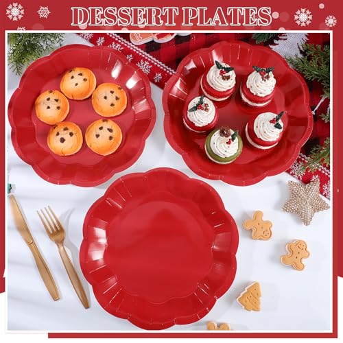 Image of NatNarr 30 Pcs Red Paper Plates 9 Inch Scalloped Dinner Cake Plates | Red Party Plate Disposable Picnic Plate for BBQ, Seafood Boil Party, Wedding, Birthday