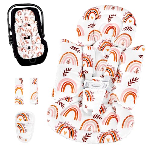 Image of Pea Pod Infant Car Seat Insert with 3 Strap Covers, 3 in 1 Reversible Rainbow Baby Car Seat Head Support for Newborn, 3D Soft Minky Carseat Cushion for Preemie to Infant, Stroller, Swing, Bouncer