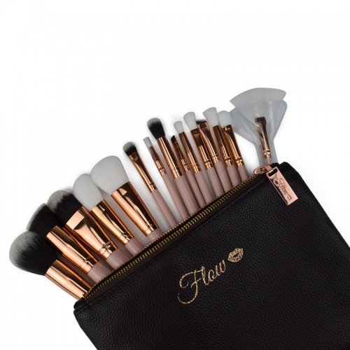 Flow Lot de 15 pinceaux de maquillage avec étui Doré