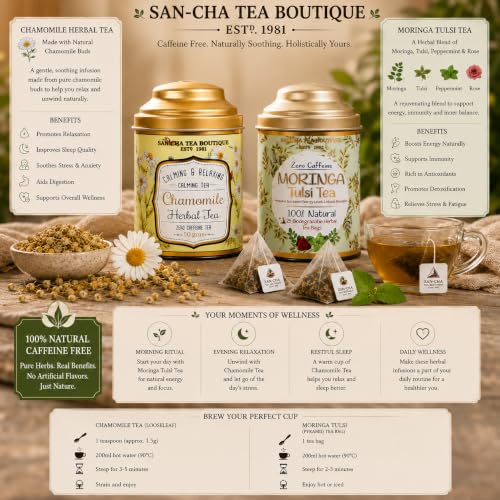 Image of Sancha Tea Boutique, Chamomile (50g) & Moringa Tulsi (25 Pyramid Bags), Caffeine-Free Herbal Tisanes, Calming & Relaxing Combo Pack