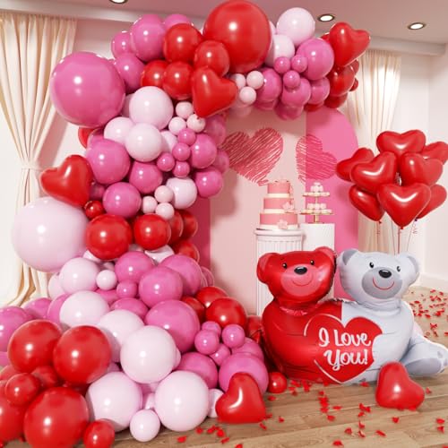 PityBlns Valentines Day Balloon Arch Kit -345Pcs Rose Petals Valentines Foil Balloon Heart Red Pink Hot Pink Latex Balloons Garland Kit for Valentines Day Galentines Day Anniversary Party Decorations