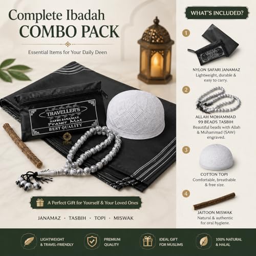 Image of Complete Ibadah Combo Pack, Islamic Gift Set with Nylone Safri Janamaz, 99 Beads Allah Mohammad Tasbih, Cotton Topi and Jaitoon Miswak
