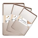 Baking Sheet Set of 3, Nonstick Heavy Duty Cookie Sheets for Oven - 13.6'×9.6'/15.5'×10.6'/17.5'×11.8' Warp-Resistant Carbon Steel Bakeware Trays, Champagne Gold, Dishwasher & Oven Safe