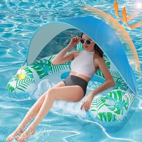 OKSUWATER Pool Floats Adult with Adjustable Canopy, XL Pool Chair Float with Cup Holders & Headrest, Inflatable Pool Chair Pool Floaties for Adults Beach Swimming Pool Party (Blue) Cover