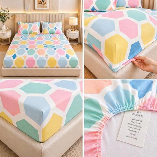 Image of Castiqa Elastic Fitted Supersoft Premium Brushed Cotton 200TC King Size Bedsheets with 2 Pillow Covers (Fits Upto Mattress of 10 Inches) (King (72x78), Hexa)