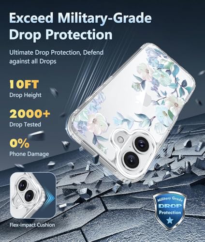 Image of Elzzi Clear Transparent Flower Cover for iPhone 17 Case Shockproof Floral Design Full Camera Protection Shockproof PC+TPU Transparent Cover for Girls & Women (Blue)