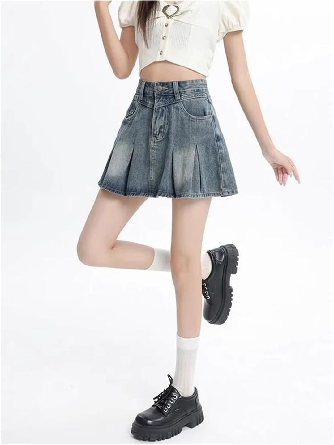 Gonna a pieghe in denim da donna svasata con cerniera vintage, gonna estiva sopra Kne Mini