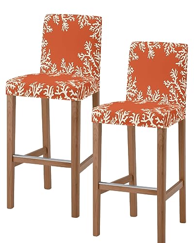 PIEPLE Orange Coral Bar Stool Cover Set of 2, Summer Beach Nautical Seaside Coastal Stretch Removable Bar Stool Chair Covers with Backs Pub Counter Stool Chair Slipcover for Dining Room Cafe