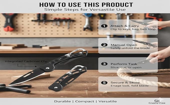Image of CAPMORA Mini Folding Utility Tool Keychain, Metal, with Carabiner Clip, Compact Everyday Carry for Package Opening and Outdoor Use (BALCK LOCK)