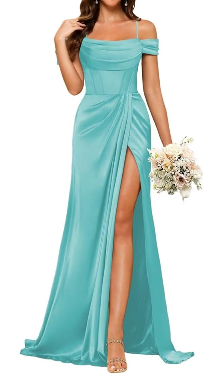 YIANN Turquoise Satin Prom Dresses for Women with Slit Plus Size Corset Mermaid Formal Evening Party Gown UK18