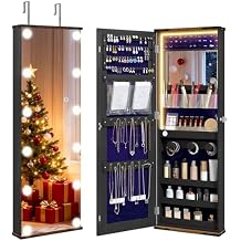 Dystler Over the Door Jewelry Organizer, 12 Hollywood Bulbs Hanging Jewelry Armoire with Full Length Mirror, 43.5" Lockable Large Storage Jewelry Cabinet for Girls/Women, Wood grain black