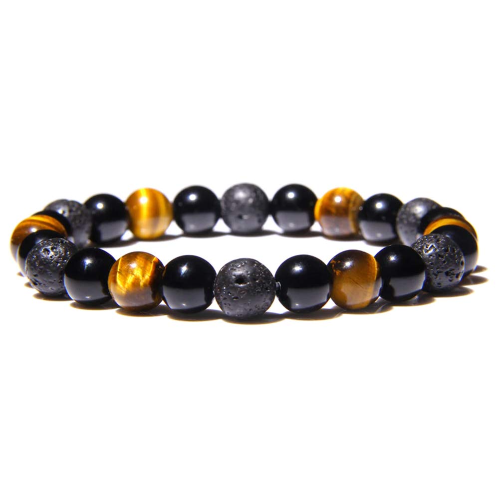 REBUY Tiger Eye Stone Lava Black Tourmaline Bracelet Crystal Healing Gemstone Bracelet Healing Stone Bracelet for Men & Women, Color Mulit, Bead Size 8 mm