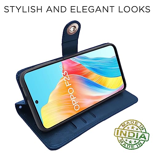 Image of Pikkme Oppo F23 5G Flip Cover Leather Finish | Inside TPU with Card Pockets | Wallet Stand and Shock Proof | Complete Protection Button Flip Case (Blue)