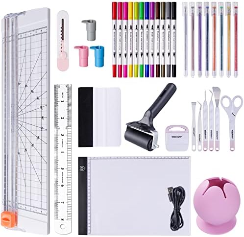 GO2CRAFT 37Pcs Essential Tool Set for Cricut Machine, Ultimate Tool with 7Pcs Weeding Tools for Vinyl, LED Light Pad, 12'' Paper Cutter, Vinyl Scrap Collector, Crafting Starter Kit for Cricut Projects