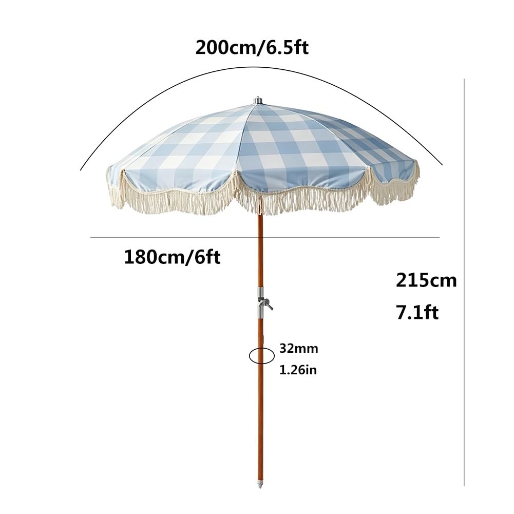 200 cm Parasol Plażowy Boho z Frędzlami, Parasol Przeciwsłoneczny z Pochylanym Drewnianym Drążkiem do Ogrodu, na Podwórko, na Basen