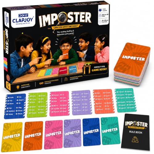 Image of Clapjoy Board & Card Game - Imposter: Can You Spot The Fake? | 80 Cards | Bluffing & Deduction Party Game | Family Game Night | 15-30 Min Playtime | 2-8 Players | Gift for Ages 6, 7, 8, 9 & Up