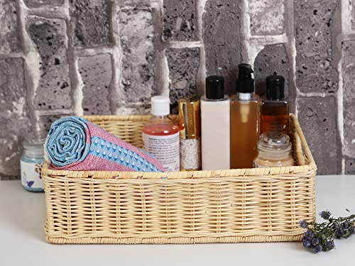 Image of Handmade Rattan Storage Tray for Bathroom & Kitchen Counter | Wicker Vanity Organizer Tray | Natural Cane Home Decor (35x25x10 cm, Beige)