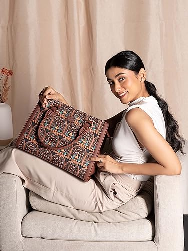 Image of ZOUK Printed Jute Handcrafted Vegan Leather Multicolor Women's Satchel Bag | Ladies Purse Handbag | Double Handle Detachable Strap