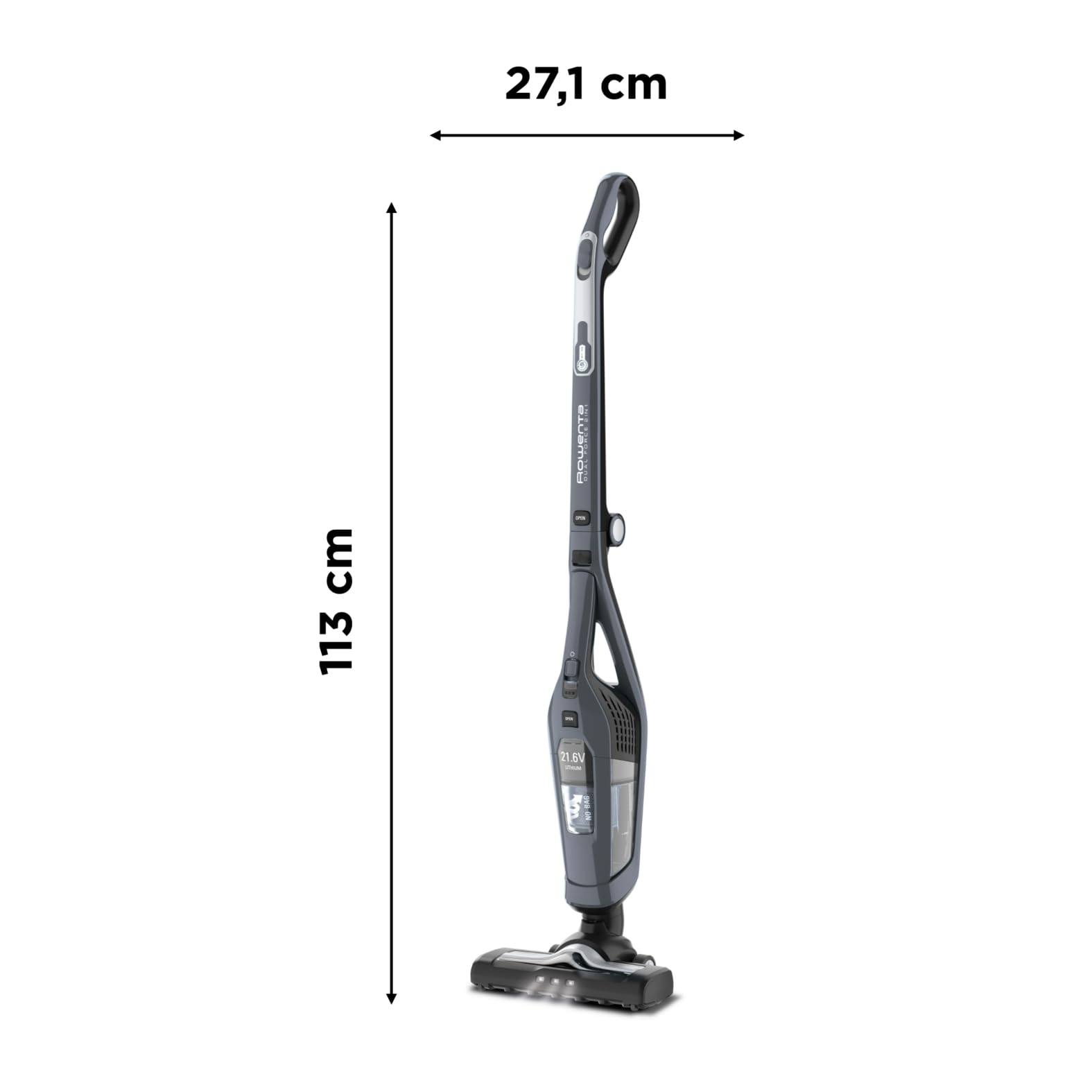 Rowenta Aspirateur balai sans fil 2 en 1, Aspirateur à main intégré, Lumière LED, Léger, Poignée pliable, Autonomie 75 min, Toutes types de sols, Technologie cyclonique, Dual Force 2-en-1 RH6756WO
