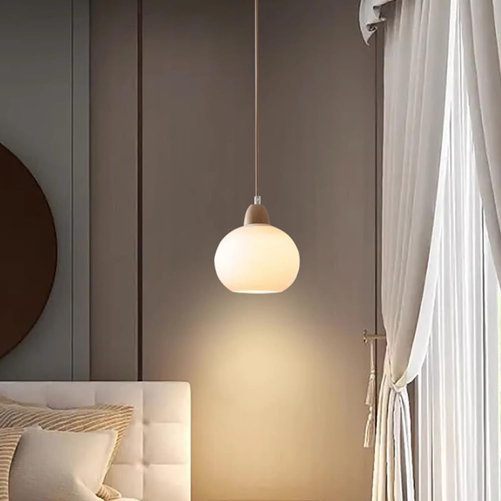 Nowoczesna lampa wisząca ze szkła opalowego w stylu nordyckim - mała lampa ścienna na wyspę kuchenną, jadalnię, sypialnię - elegancka drewniana oprawa sufitowa