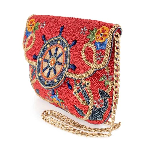 Mary Frances Captain's Helm Beaded Crossbody Handbag Nautical Wheel Clutch Purse Anchor Embellished Evening Bag, Red4