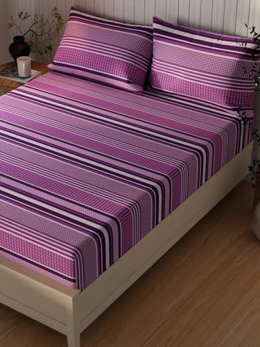 Image of KOPA Extra Smooth Cotton Double Bedsheet with 2 Pillow Covers -3pc Set (Lopez) | Extra Smooth Cotton | 1 Double Bedsheet with 2 King Size Pillow Covers Stripe-Pink /Purple