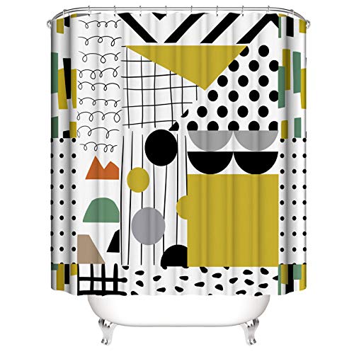 PHNAM Irregular Geometry White Black Pattern Printed Shower Curtain with Hooks 72x72 Inches Extra Long Waterproof Polyester Cloth Bath Curtains Sets for Bathroom, Bathtub